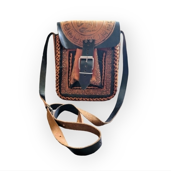 Handmade Tooled Leather Crossbody Satchel Bag Black Brown Made in Mexico - Picture 2 of 16